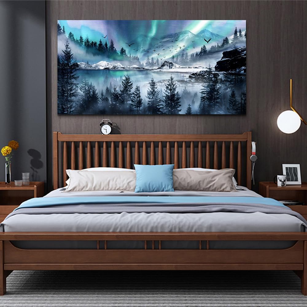 hyidecorart Modern Canvas Wall Art For Office Large Wall Decorations For Living Room Stretched And Framed Canvas Prints Paintings Blue Aurora Scenery Wall Pictures Artwork Hotel Mural Ready To Hang