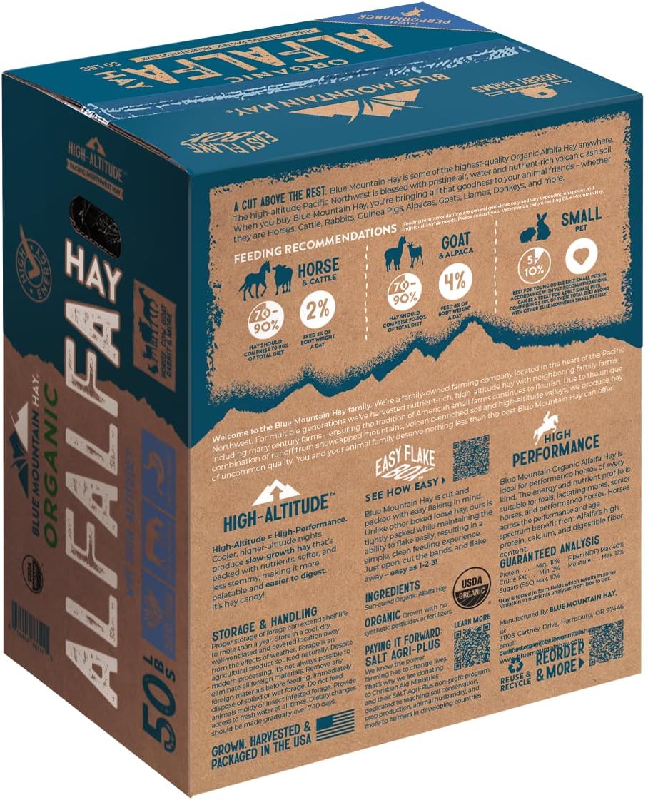 Blue Mountain Hay High-Altitude Organic Alfalfa Hay, 50lb Easy Flake Box - High Protein, Fiber & Mineral-Rich - High Leaf Retention - Ideal for Horses, Goats, Rabbits, Guinea Pigs & Other Small Pets