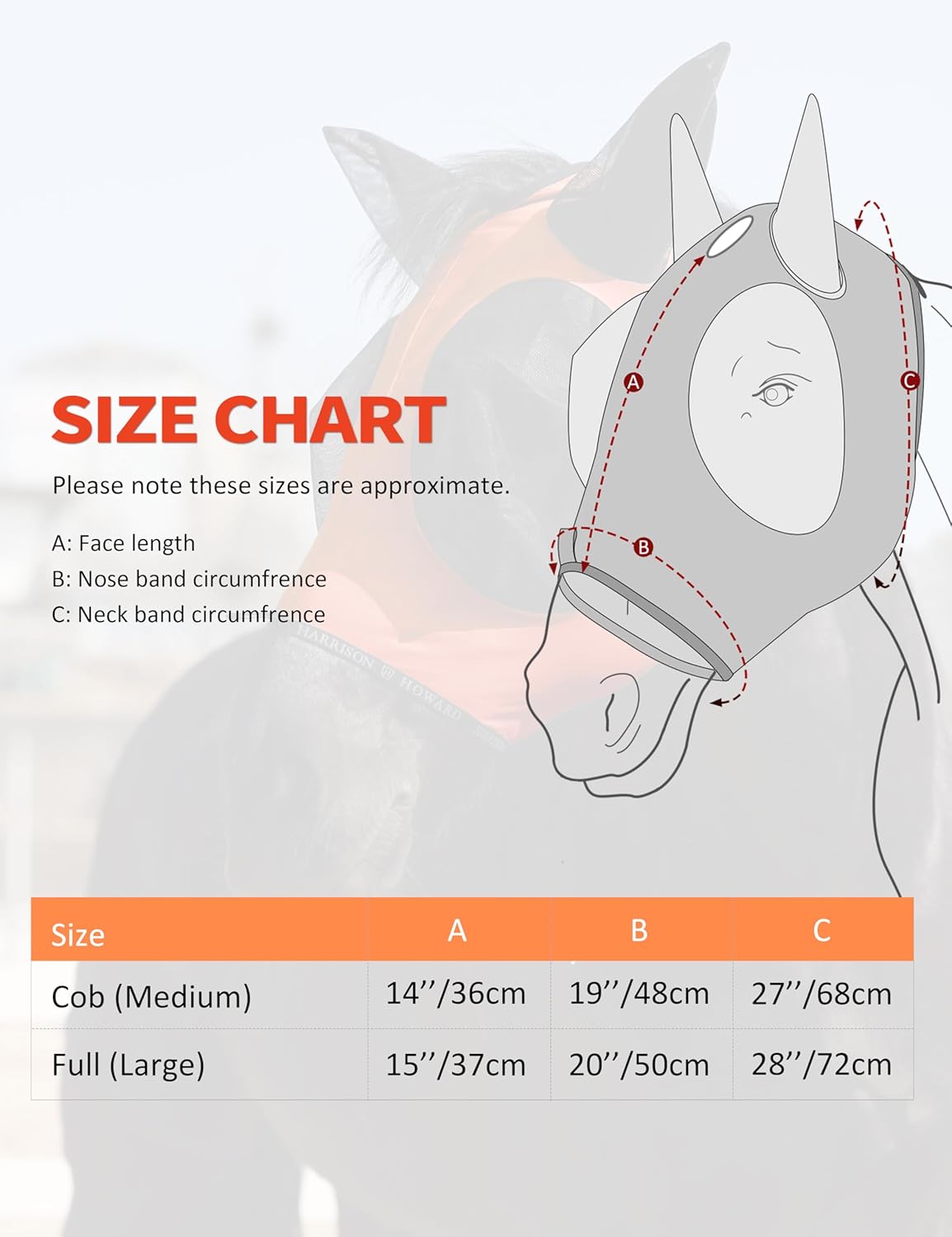 Harrison Howard Horse Fly Mask with Forelock Opening Stretch Breathable and Comfortable for Horses UV -Protection Orange L
