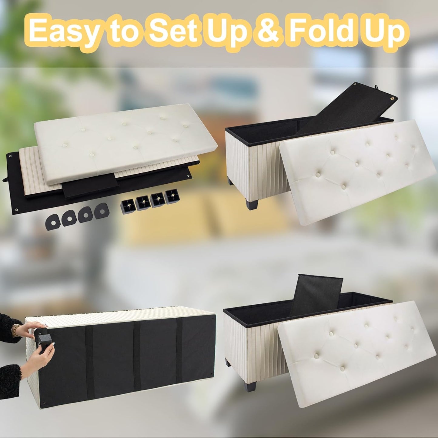 Storage Ottoman Bench, 43 Inch Foldable Ottoman with Legs, Velvet Foot Rest Stool, End of Bed Bench, Storage Chest for Living Room, Bedroom (Beige)