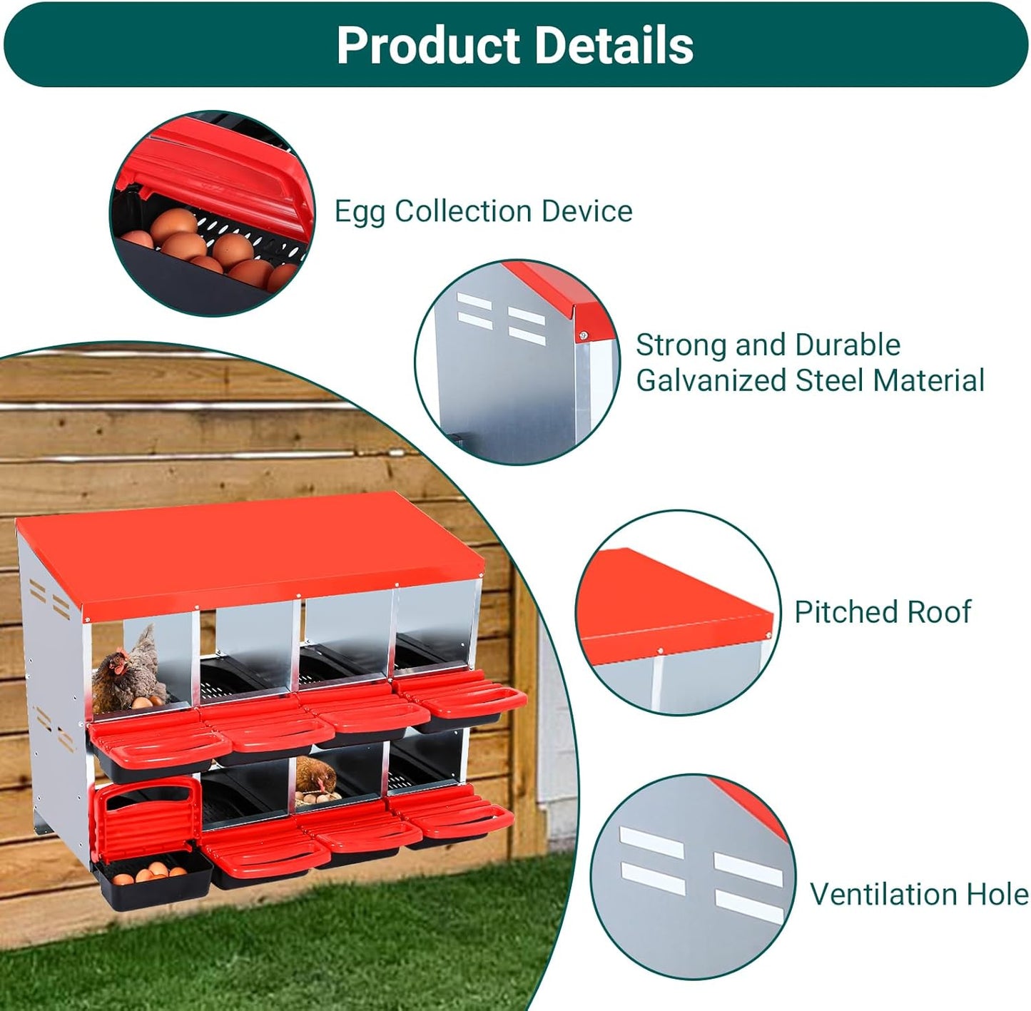 Nesting Boxes for Chickens, Chickens Laying Boxes for Chicken Coop, 8 Compartments Chicken Nesting Boxes, with Removable Tray, Easy Cleaning, for Hens Outdoor Chicken Coop Farm Yard, Red