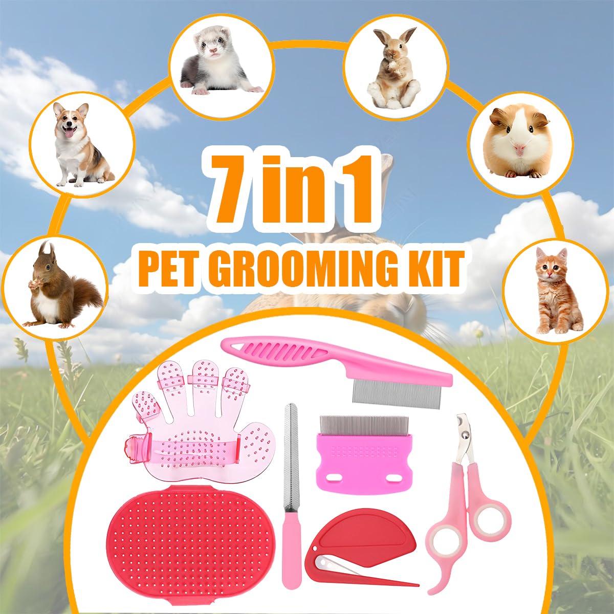 Rabbit Grooming Kit โ Bunny Grooming Kit with Shedding Brush, Nail Clippers & Comb โ Small Animal Grooming Supplies for Rabbits, Guinea Pigs, Hamsters, Ferrets - Small Pet Shedding & Care (Pink)
