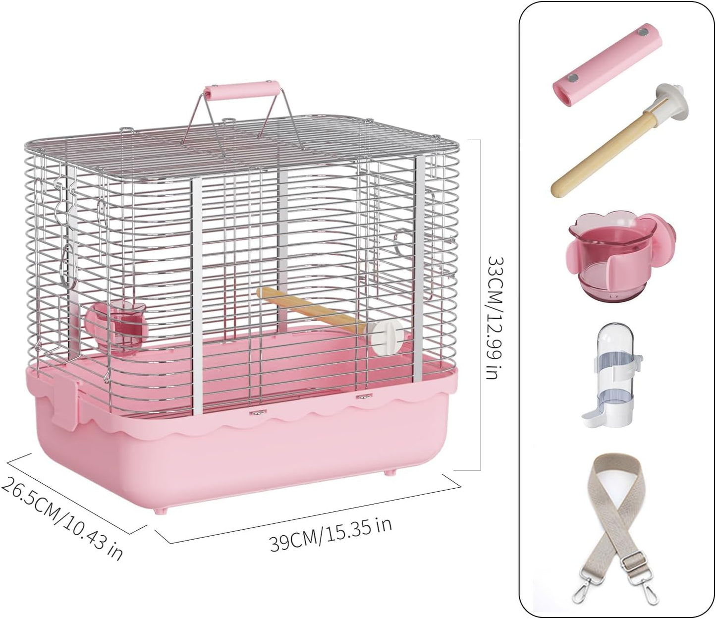 Bird Carrier Travel Cage, Durable Portable Stainless Steel Birdcage with Bird Perch & Feeding Bowl for Parrots Canaries Budgies Lovebirds Conures Cockatiels (Large Pink)