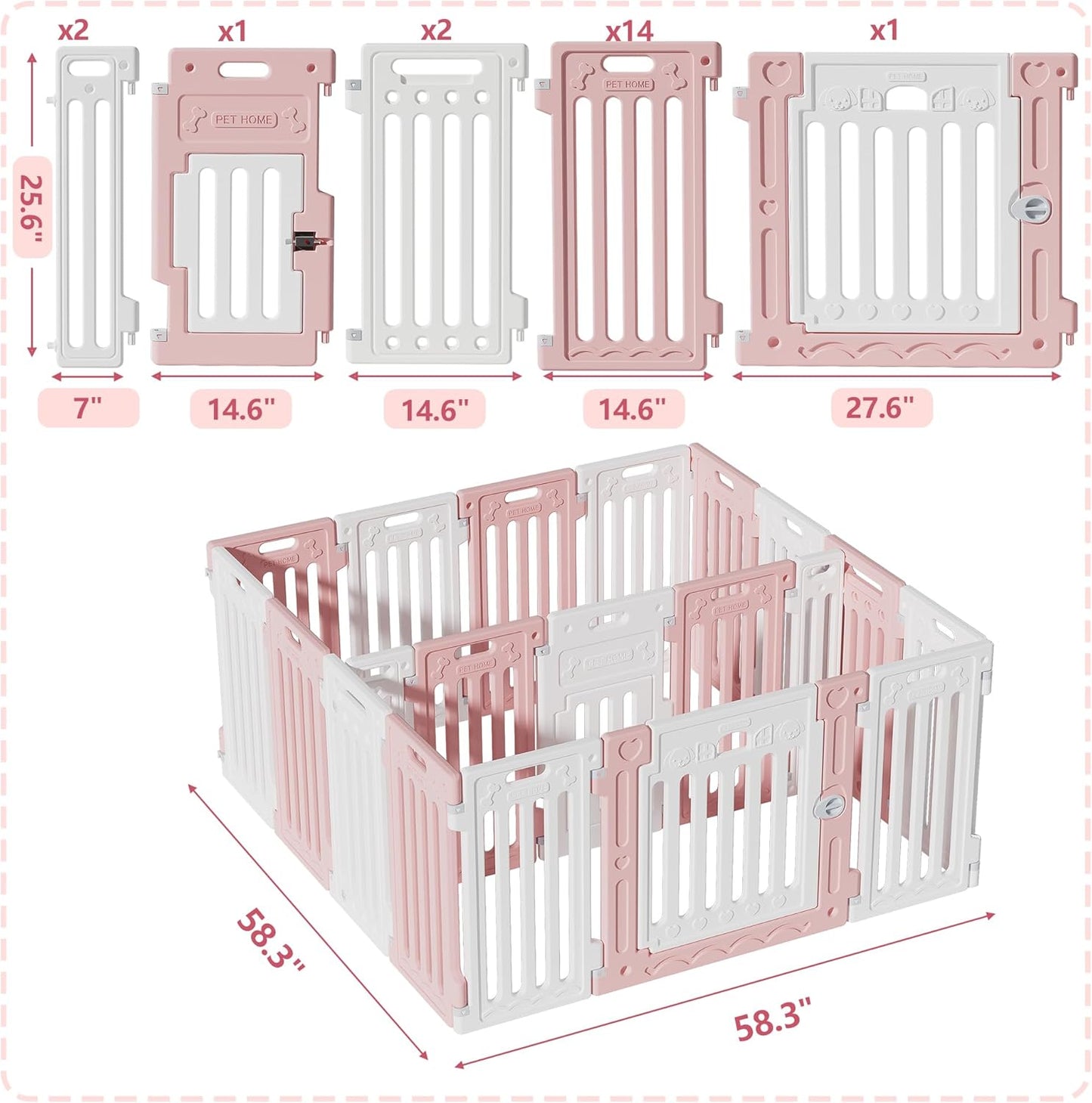2 Room Dog Playpen with Door,DIY Shape Combination Puppy Pen,16-Panel+2 Link Piece+Large Door+Small Door,25.5" H Dog Fence,Non-Slip&Secure Pet Gate,Easy to Assemble,Pink + White
