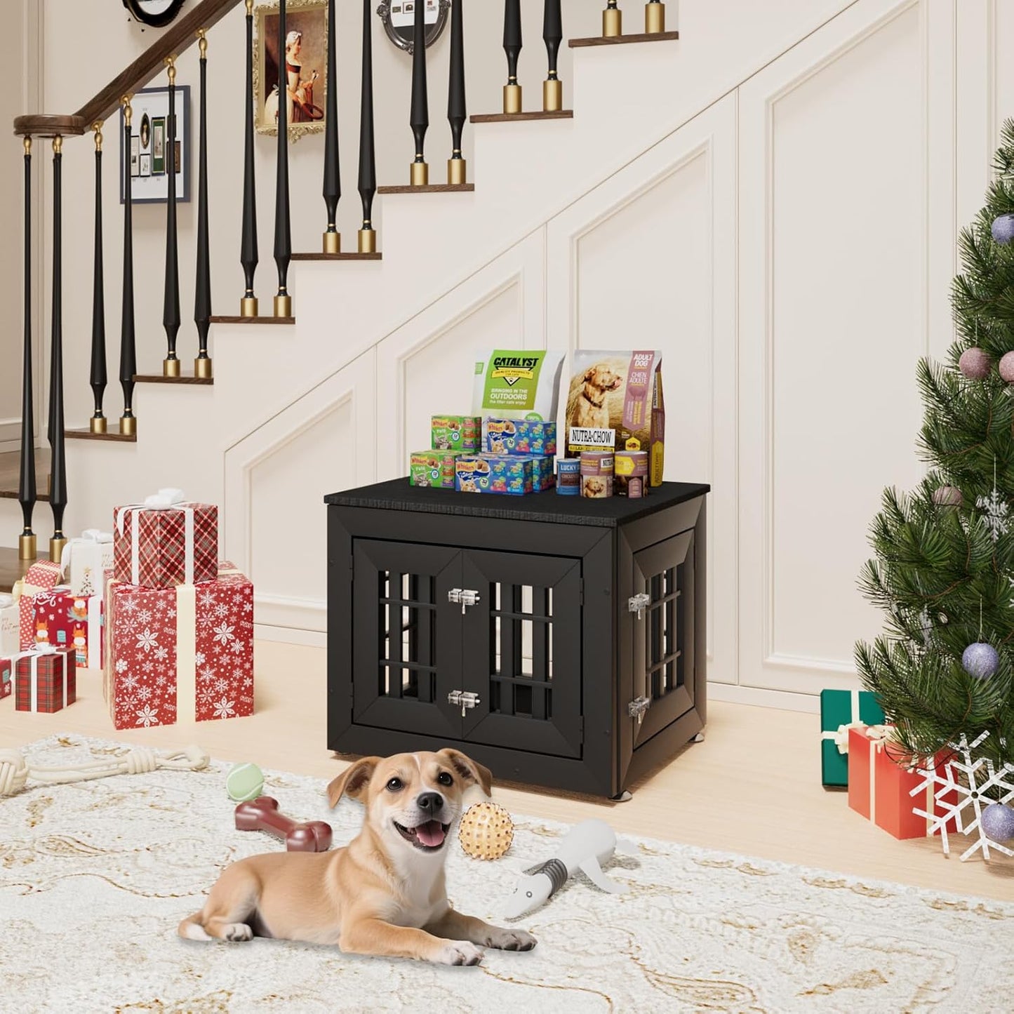 26" Heavy Duty Dog Crate Furniture for Small,Medium and Large Dogs,Rustic Wooden Dog Cage Kennel Indoor Furniture with Waterproof Top,Decorative Pet House Side End Table (Black)