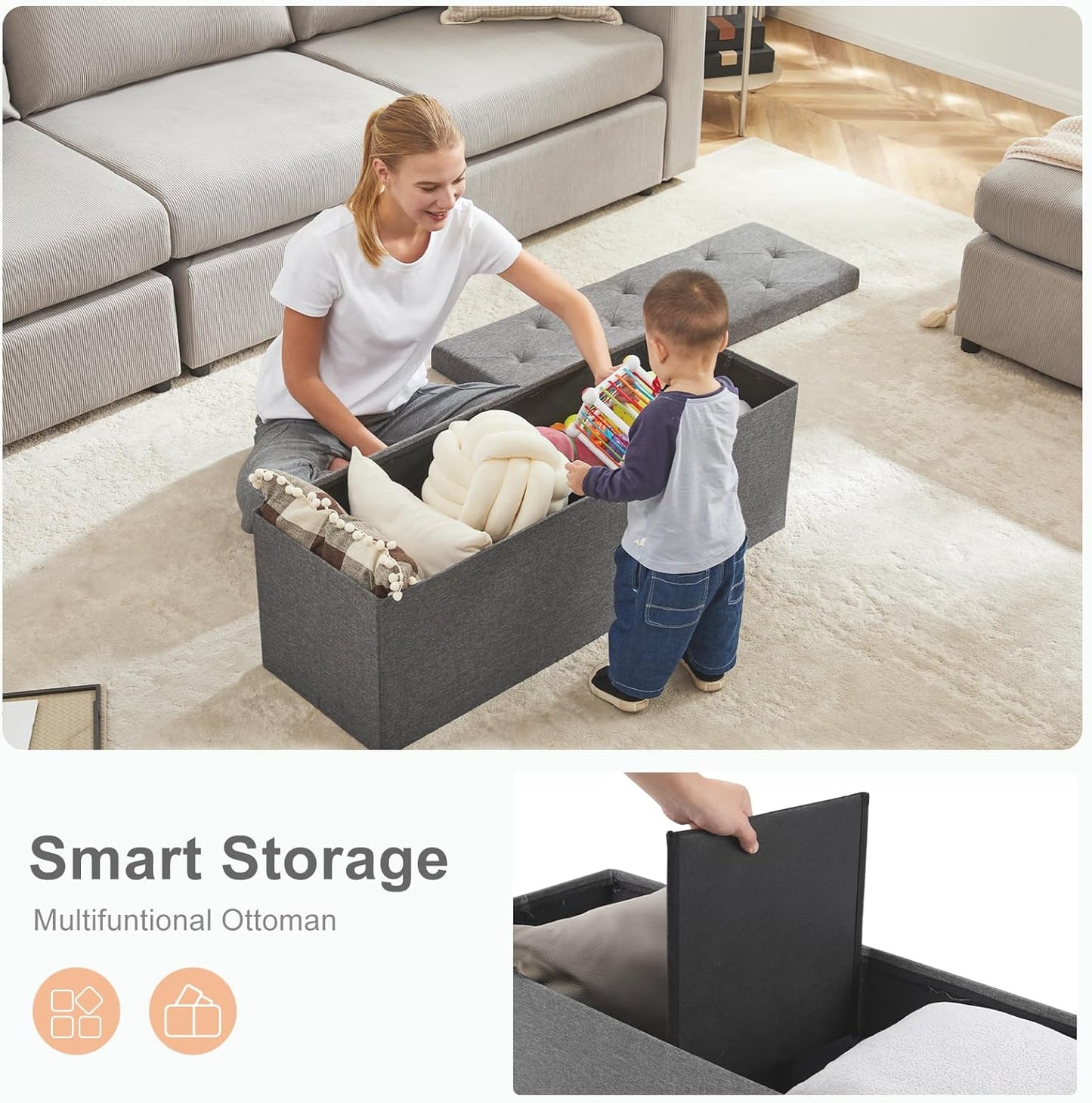 Sweetcrispy 43in Foldable Storage Ottoman Bench, Foot Rest Stool Storage Chest with Padded Seat, End of Bed Bedroom Bench for Living Room, Support 660lbs, Dawn Grey