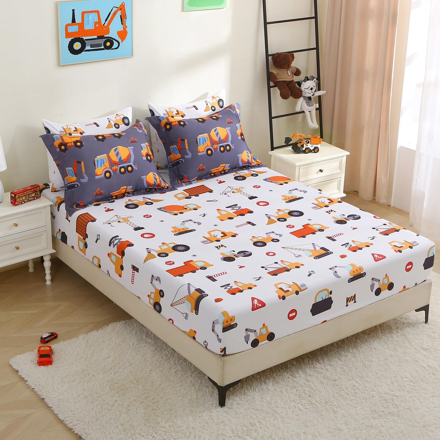 Kids Comforter Set 7 Piece Bedding Cute Car Cartoon Truck Bed Microfiber Comforter Queen Size All Season Excavator Car Truck Printed