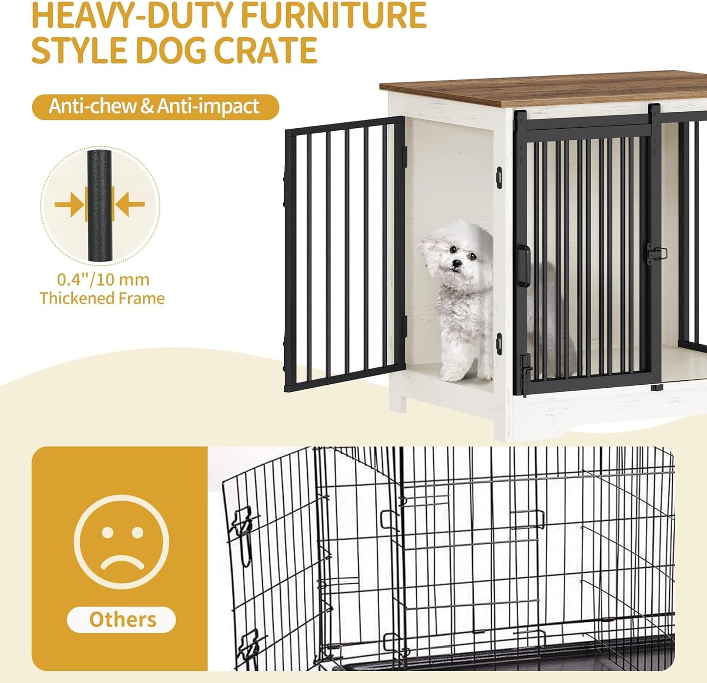 27.2" Dog Crate Furniture with Barn Door, Heavy Duty Dog Kennel Indoor with 2 Doors, Wooden Pet Cage End Table for Small Medium Dogs up to 22 lb, Anti-Chew Anti-Escape, White Brown DFC84314B