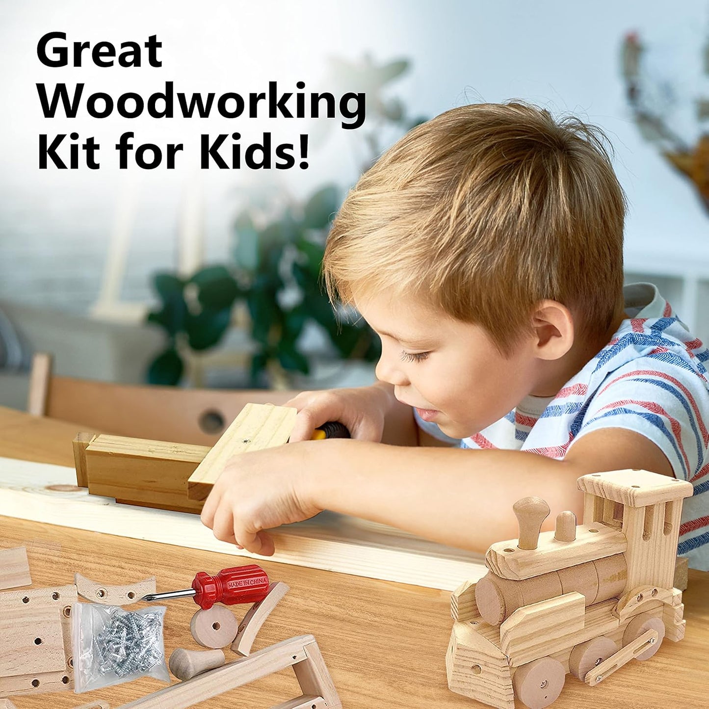 Kraftic Woodworking Building Kit for Kids and Adults, 2 Educational DIY Carpentry Construction Wood Model Kit Toy Projects for Boys and Girls - Build a Wooden Town Hall Birdhouse and Train