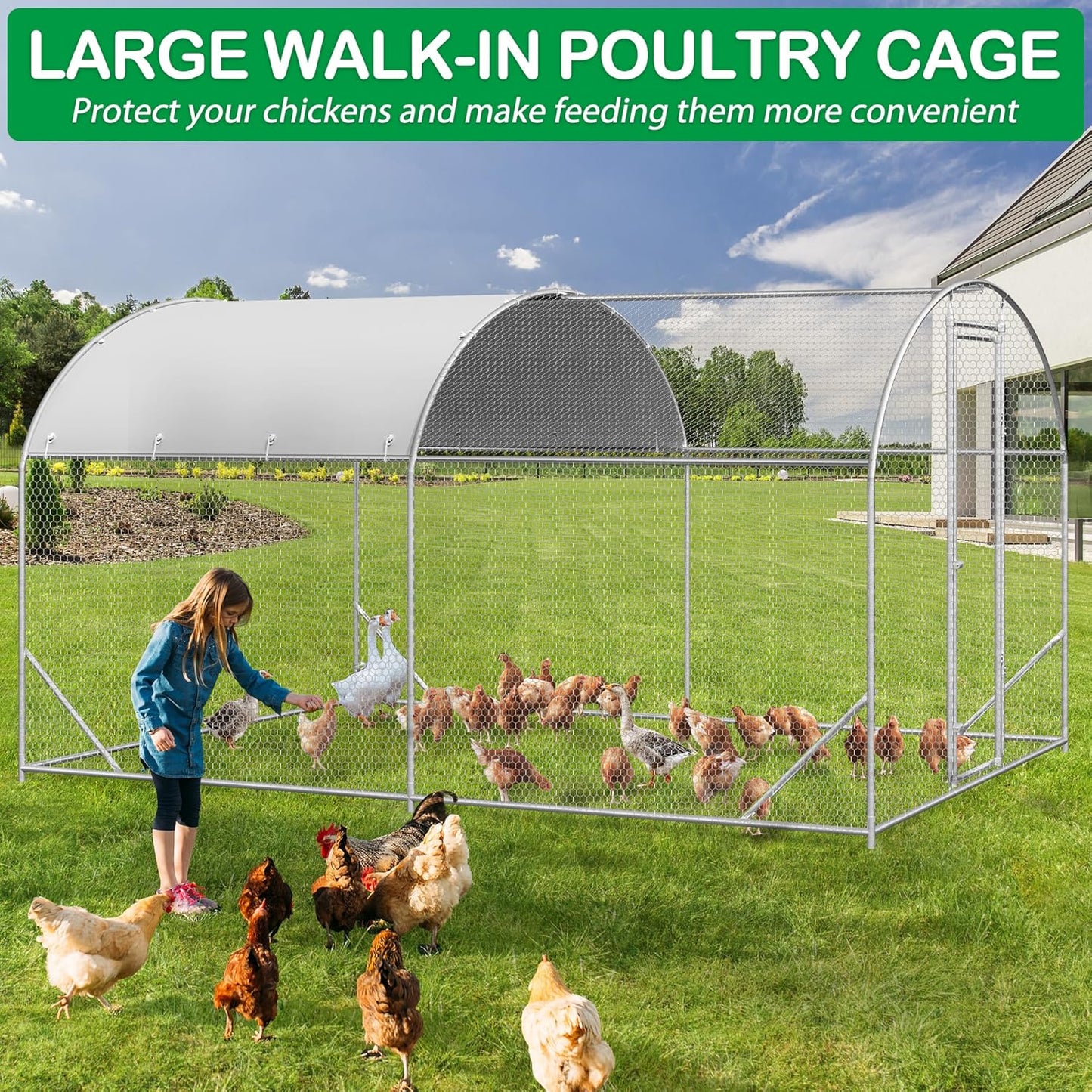 Large Metal Chicken Coop, Walk-in Chicken Run Pen with Waterproof Cover, Dome Roof Poultry Cage for Outdoor, Backyard, Farm (8.96'Wx12.99'Lx6.4'H)