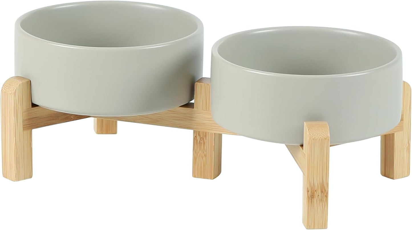 Ceramic Raised Double Bowls Set with Stand, 2 Heights Elevated, Food & Water Bowls for Small Breed Dogs, Cats, Kitty, Weighted Dog Dishes, Pet Bowls(5.1'',13.5oz, Grey)