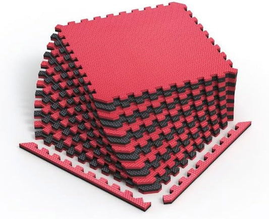 Norsk Reversible Gym Exercise Mats 3/4" Thick EVA Interlocking Foam Tiles, Perfect Gym Flooring for Home Gym, 40 Tiles & 80 Trim Pieces, 160 Sq. Ft. Reversible, Red/Black