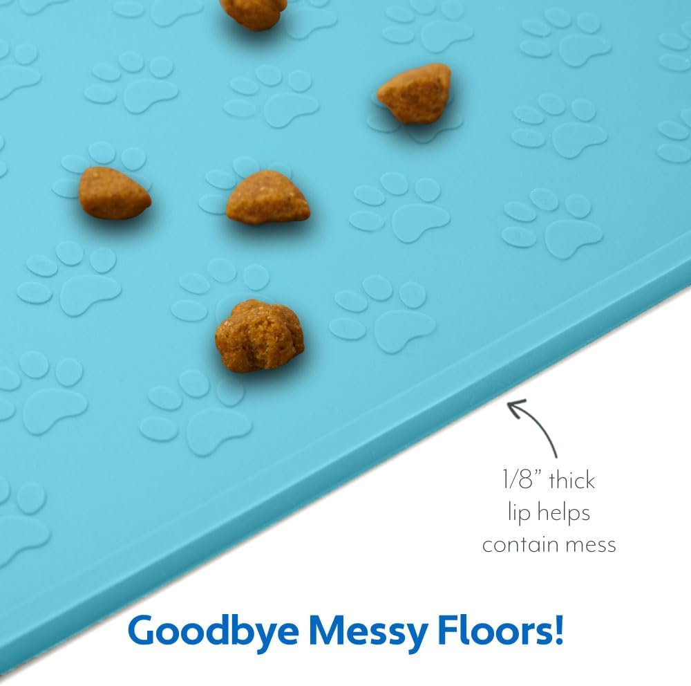 MIGHTY MONKEY 100% Waterproof Dog Food Mat, Raised Edges Silicone Pet Feeding Placemat for Cat, Dogs, Pet Bowls, High Lipped Tray Prevents Water Spills, Food on Floor, Dishwasher Safe, 22x14 Turquoise