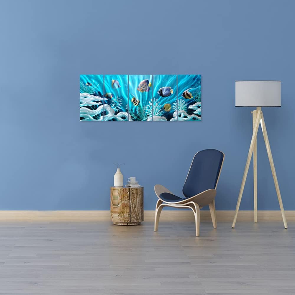 SYGALLERIER Fish Metal Wall Art Hand Crafted Large 3D Sea Life Pictures Modern Abstract Coastal Aluminum Artwork Contemporary Sculpture for Living Room Bedroom Dinning Decor