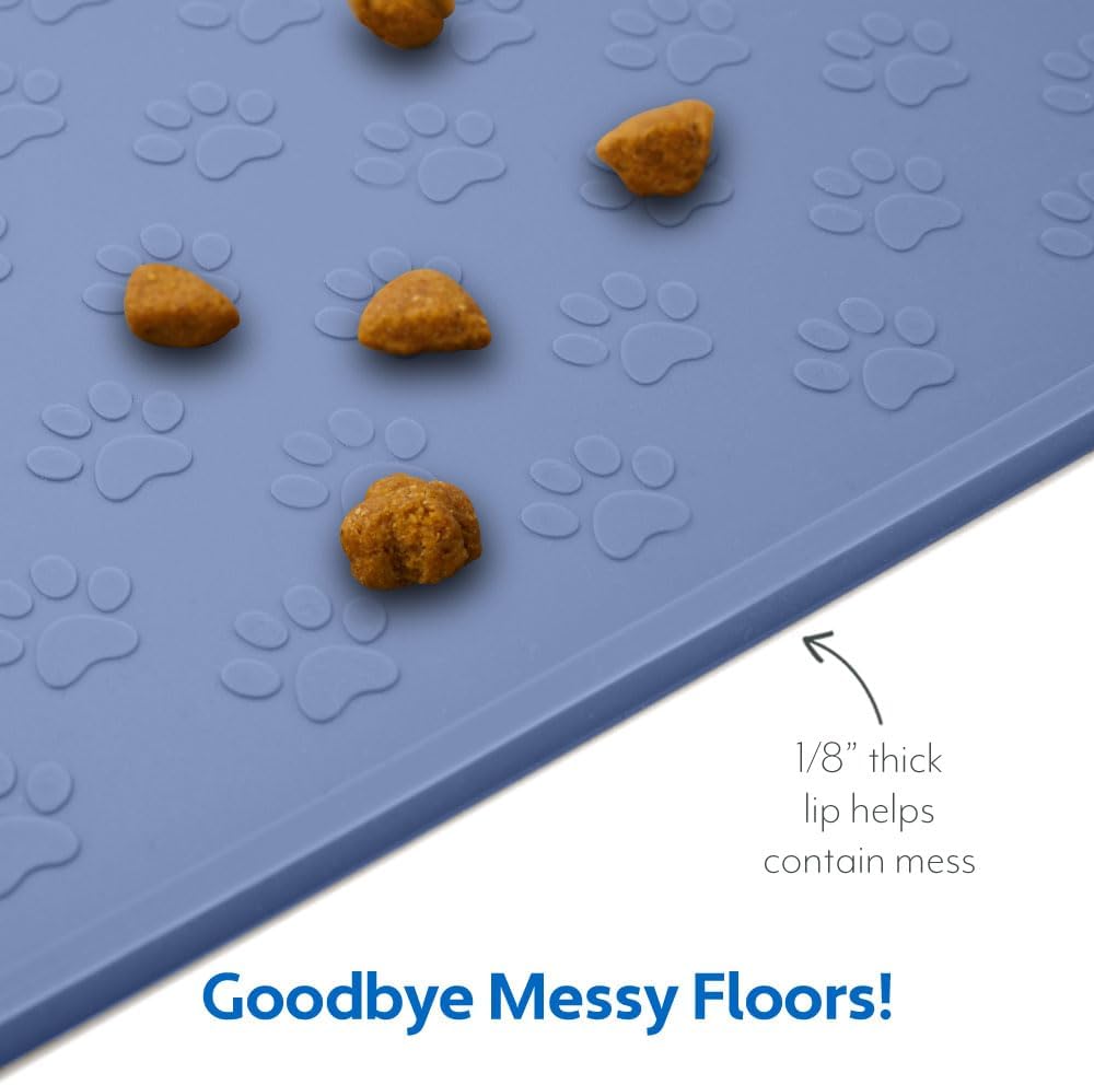 MIGHTY MONKEY 100% Waterproof Dog Food Mat, Raised Edges Silicone Pet Feeding Placemat for Cat, Dogs, Pet Bowls, High Lipped Tray Prevents Water Spills, Food on Floor, Dishwasher Safe, 22x14, Lt Blue