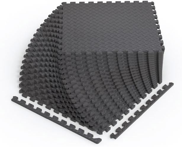 Norsk Foam Floor Gym Mats with Interlocking Tiles, .47" Thick, 24"x24", 60-Pack, 240 Square Feet, Diamond Plate Design, Grey