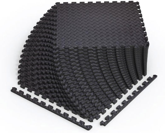 Norsk Foam Floor Gym Mats with Interlocking Tiles, .47" Thick, 24"x24", 18-Pack, 72 Square Feet, Diamond Plate Design, Black