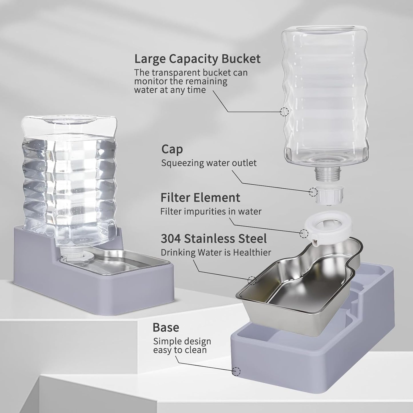 Automatic Pet Water Dispenser: 8L Light Gray Gravity Feeder with Stainless Steel Bowl - BPA-Free for Dogs Cats - No Spill Design