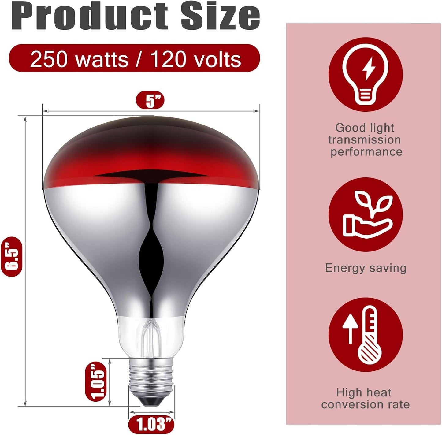 VIHOSE 2 Pack 250 Watt Heat Lamp 120v R40 Heat Lamp Bulbs Glass Incandescent Light Bulbs Incandescent Heating Lightbulbs for Reptiles Chicks Food Puppies Bathroom, Use E26 Base (Red)