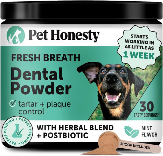 Dog Breath Freshener Dental Powder for Teeth Cleaning Plaque Off, Dental Care for Dogs, Tartar Remover for Teeth with Natural Herbal Blend + Postbiotics (Mint - 30 Servings)