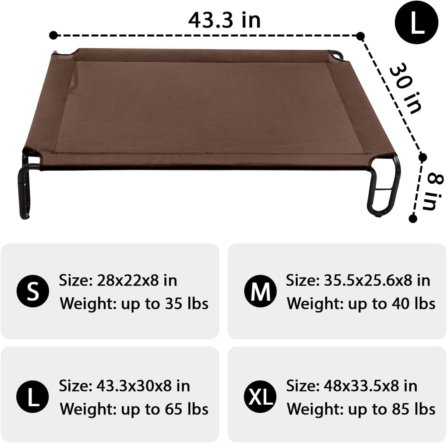 pettycare Elevated Outdoor Dog Bed - Raised Cots for Large Dogs, Waterproof Pet Bed Easy to Assemble, Cooling with Breathable Teslin Mesh, Durable, Non Slip, Up to 65 lbs, Brown
