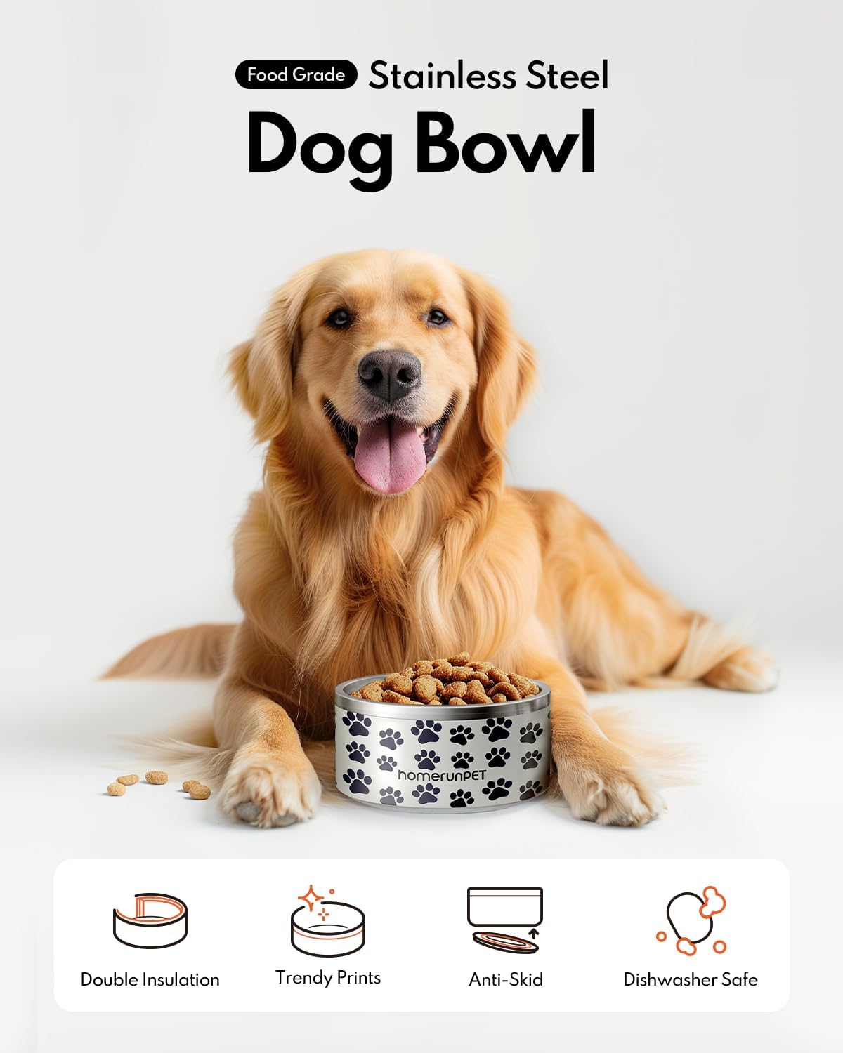 Dog Bowl, HomeRunPet Dog Food Water Bowl with Non-Slip Rubber Base, Metal Insulated Stainless Steel Dog Bowls, Double Wall Dog Bowl for Small Medium Large Dogs, Durable, Dishwasher Safe, 32oz