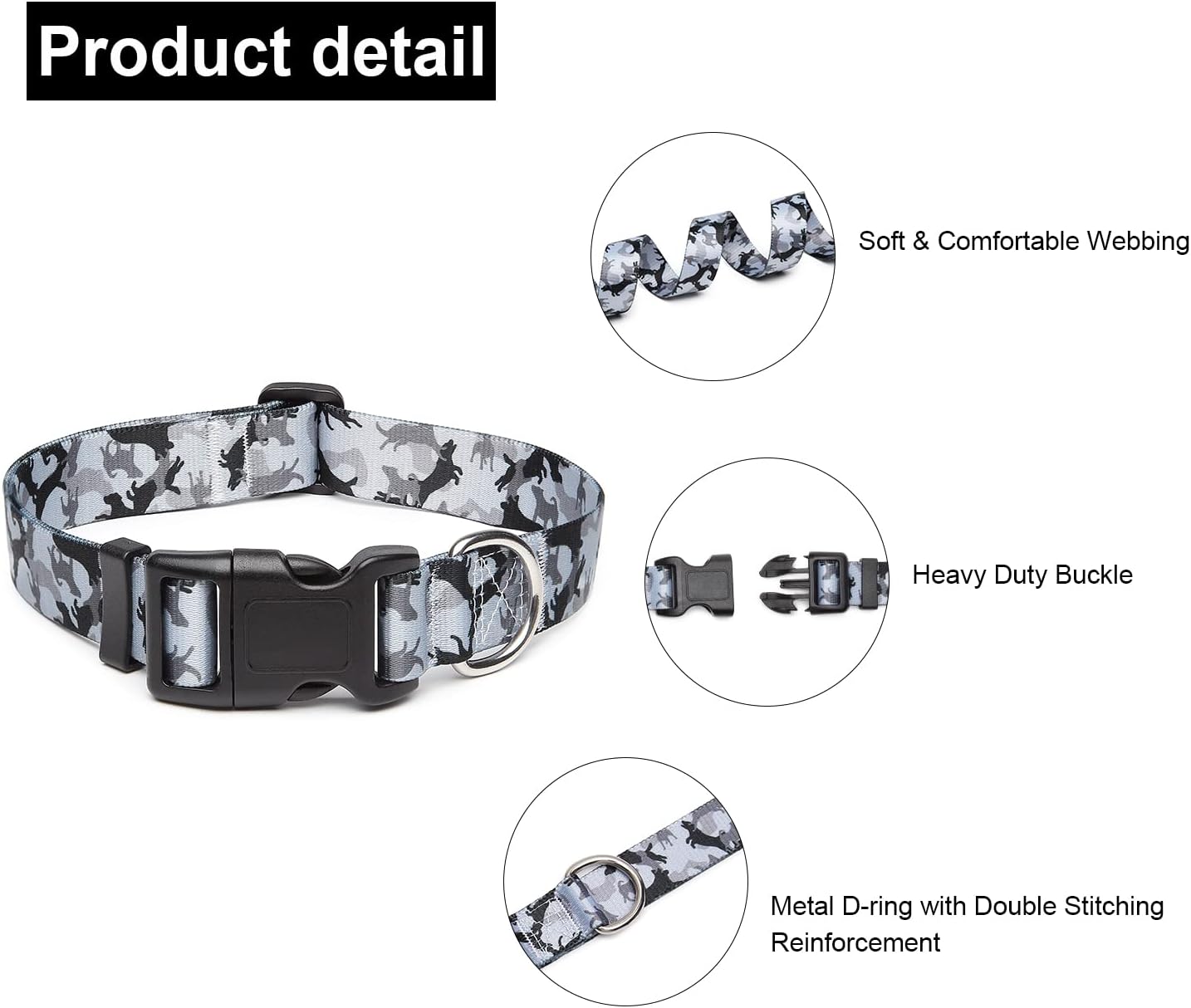 Mercano Adjustable Dog Collar - Special Design Patterns, Soft Nylon Comfortable Durable Pet Collar for Small Medium Large Dogs (L, Dog Camouflage Grey)