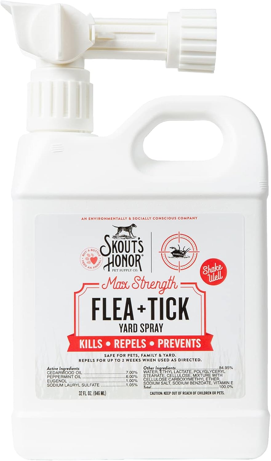 Skout's Honor Flea and Tick Yard Spray - Natural Peppermint & Cedarwood Formula, Helps to Protect from and Against Fleas, Ticks and Mosquitos, Covers upt o 5,000 Sq F, 32 oz.