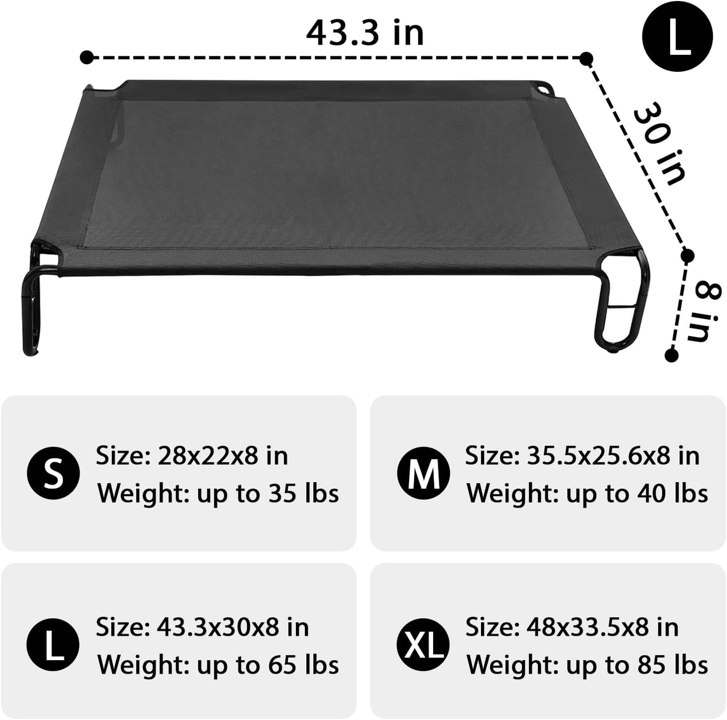 pettycare Elevated Outdoor Dog Bed - Raised Bed for Large Dogs, Waterproof Cot Easy to Assemble, Cooling Elevated Cot with Breathable Teslin Mesh, Durable, Non Slip, Up to 65 lbs,Black