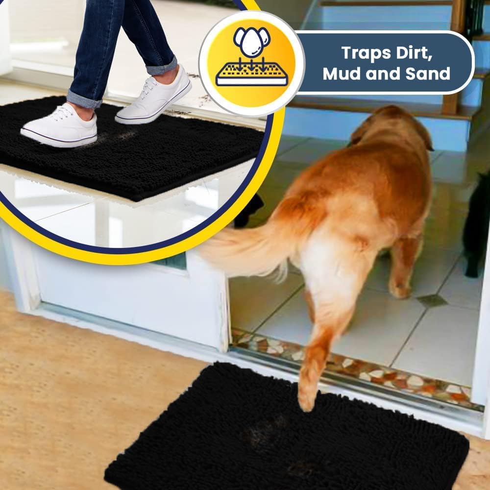 Muddy Mat® Shown on TV – Super Absorbent Microfiber Dog Door Mat for Muddy Paws, Non-Slip Washable Pet Rug, Quick Dry Chenille Entryway Carpet, Machine Washable Indoor Outdoor mat, Black 28"x18"
