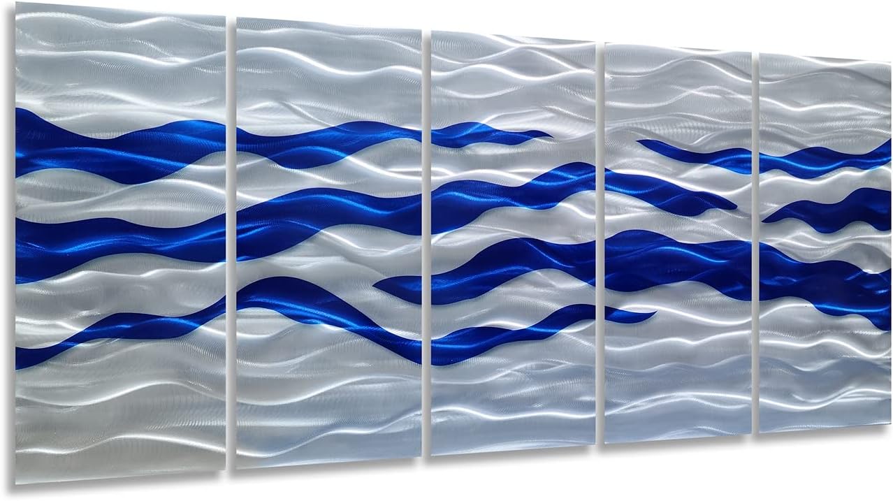 SYGALLERIER Abstract Coastal Metal Wall Art Handcrafted Big 3D Blue and Silver Artwork Modern Sea Waves Pictures Contemporary Sculpture for Living Room Bedroom Bathroom Decor