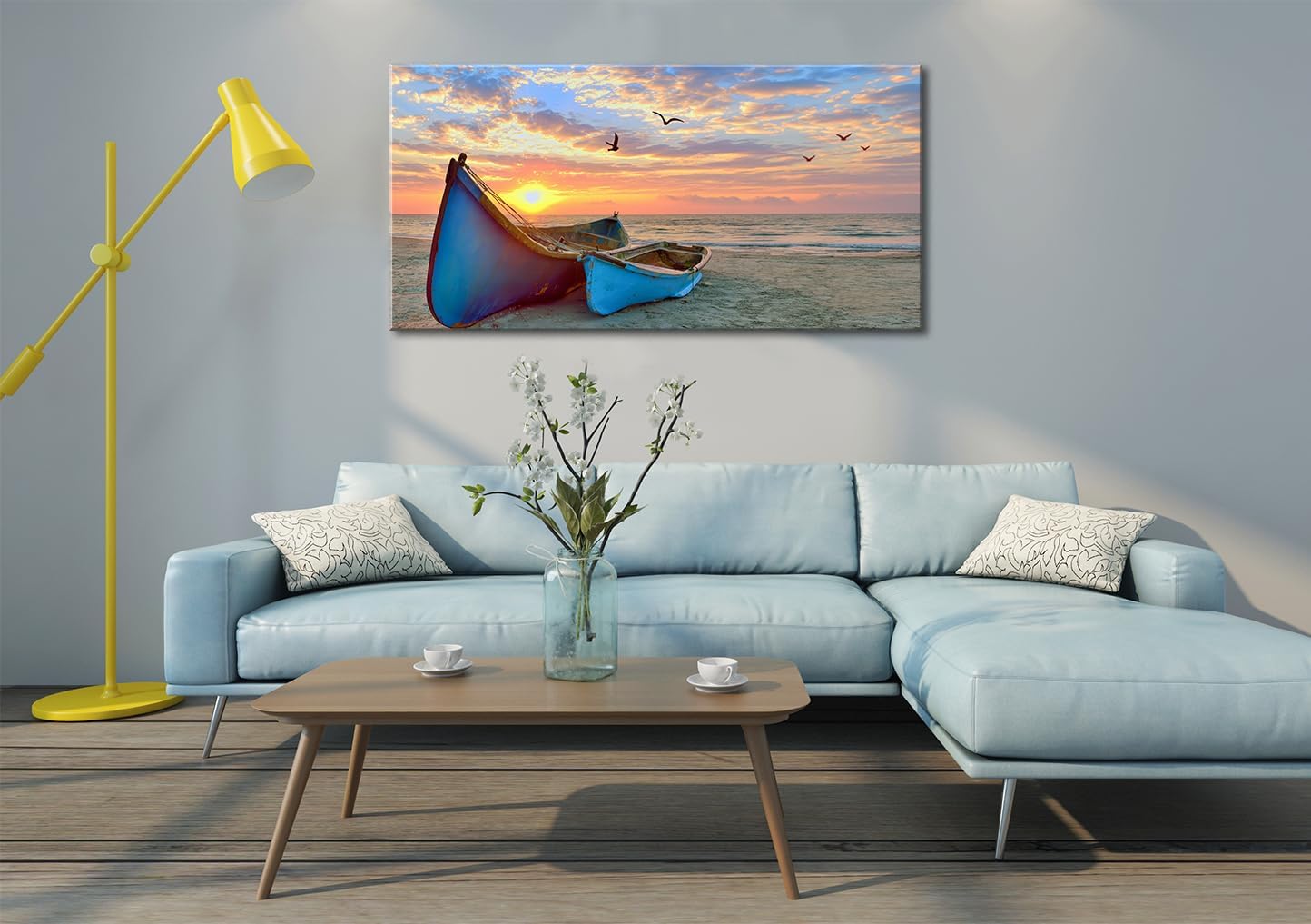 Ocean Sunset Canvas Wall Art for Living Room Sail Boat Framed Artwork Seascape Painting Coastal Pictures for Bedroom Office Wall Decoration 20x40 Inch