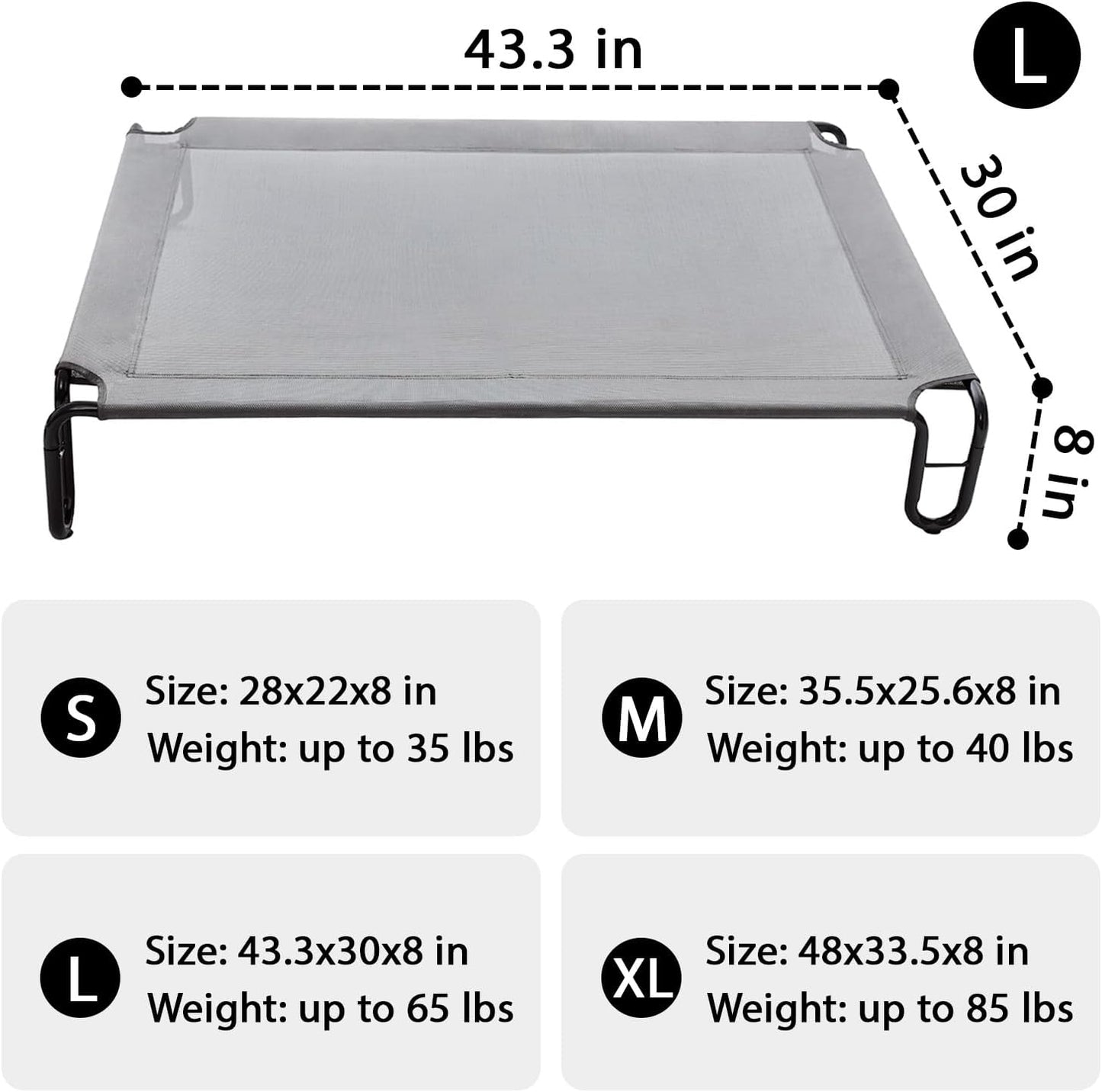 pettycare Elevated Outdoor Dog Bed - Raised Dog Bed for Large Dogs, Waterproof Dog Cot Bed Easy to Assemble, Cooling Elevated Dog Bed with Breathable Teslin Mesh, Durable, Non Slip, Up to 65 lbs,Grey