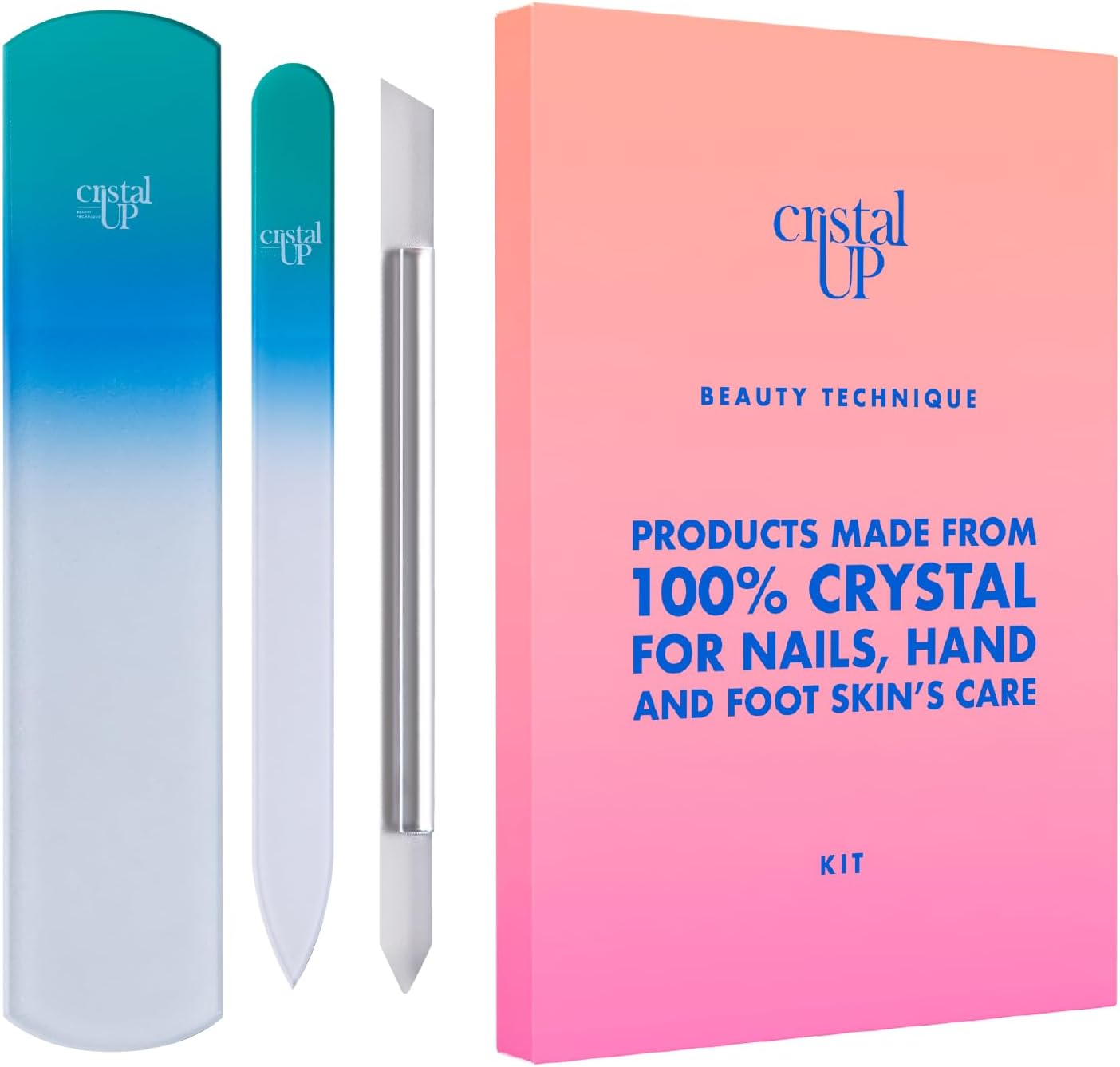 Starter Crystal Care Set - 3PC Includes Glass Foot Scraper, Medium Crystal File, and Cuticle Stick for Natural Nails, Glass File Kit