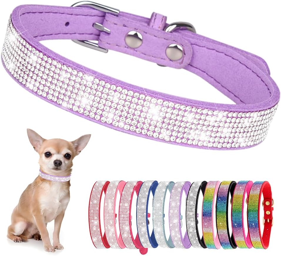Rhinestone Dog Collar for Small Dogs, Bling Diamond Fancy Crystal Glitter Pretty Jewel Pet Puppy Collars for XXS XS Small Medium Large Breed Girl Dogs Female Cats Kitten, Purple XXSmall