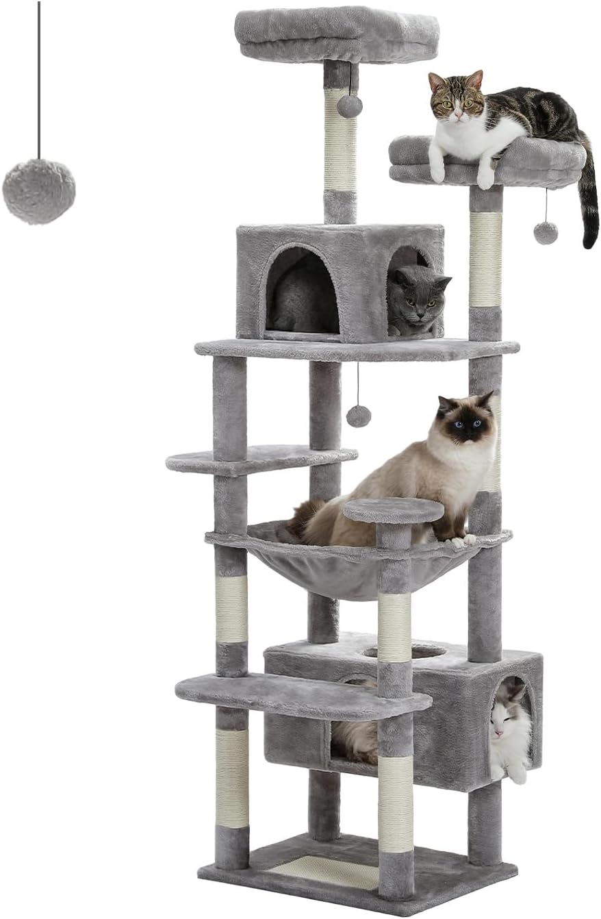 PAWZ Road Large 72 Inch Cat Tree and Tower for Indoor Cats - With Sisal-Covered Scratching Posts, Padded Perches, Condos, and Basket - Gray