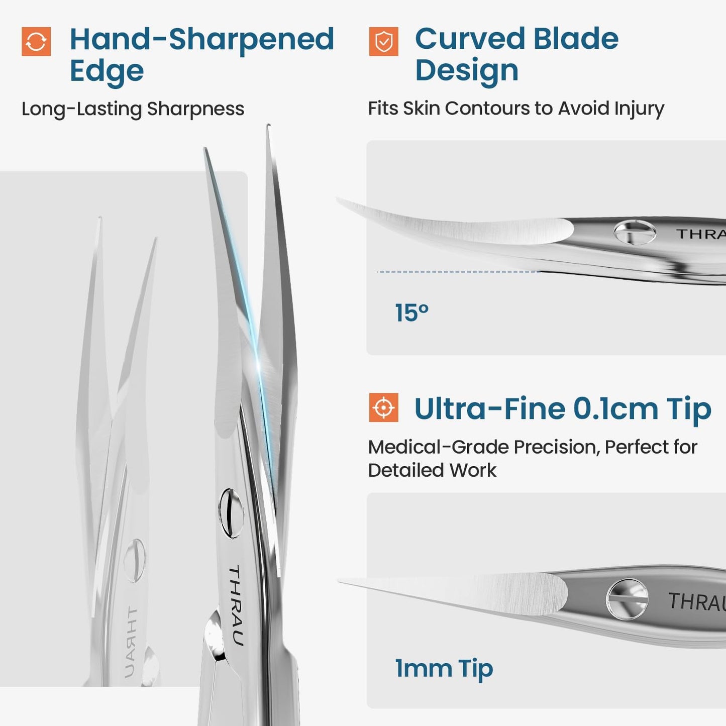 THRAU Right-Handed Cuticle Scissors – Surgical Grade Stainless Steel with Sharp Curved Tip for Cuticles, Nails, Eyebrows, Eyelashes, Nose Hair & Beard – Ideal for Manicure & Precise Grooming