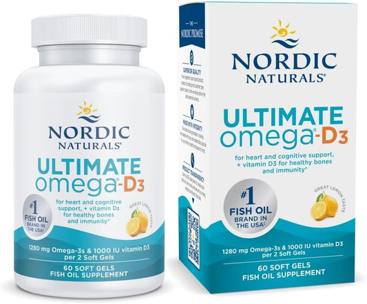 Nordic Naturals Ultimate Omega-D3, Lemon Flavor - 60 Soft Gels - 1280 mg Omega-3 + 1000 IU Vitamin D3 - EPA & DHA - Promotes Brain, Heart, & Immune Health - 30 Servings