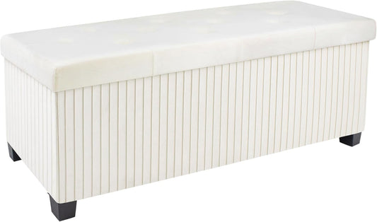 Storage Ottoman Bench, 43 Inch Foldable Ottoman with Legs, Velvet Foot Rest Stool, End of Bed Bench, Storage Chest for Living Room, Bedroom (Beige)