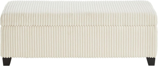 48" Ottoman with Storage, Corduroy Storage Ottoman Bench for Bedroom, End of Bed Bench with Safety Hinge for Living Room, Bedroom, Entryway, White