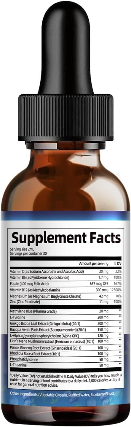 Methylene Blue Drops, with Alpha GPC, Lion’s Mane & Bacopa, 2 fl oz