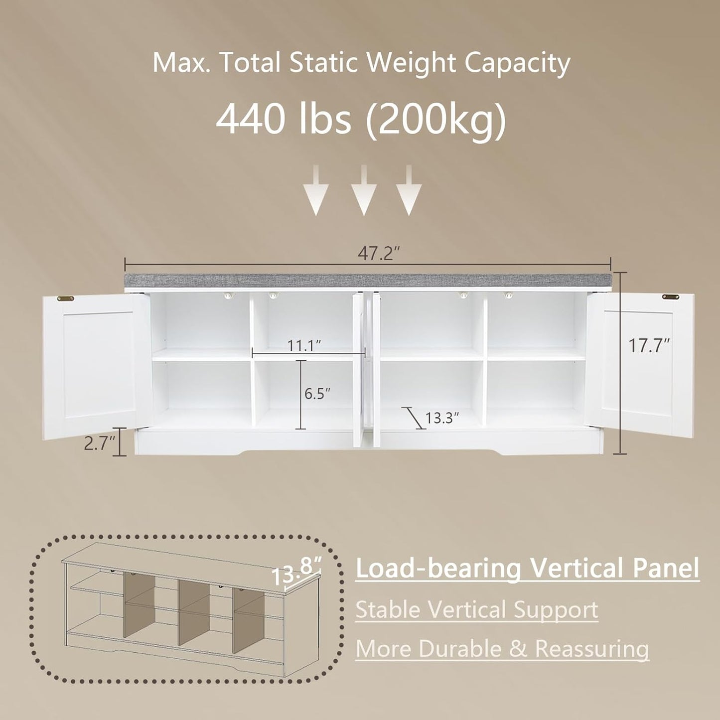 DINZI LVJ Shoe Bench, Entryway Storage Bench with Doors, Cushion, 2-Tier Shoe Rack with 8-Cubby, 47.2”L x 13.8”W Shoe Organizer Cabinet, Adjustable Shelf, Living Room, Bedroom, White