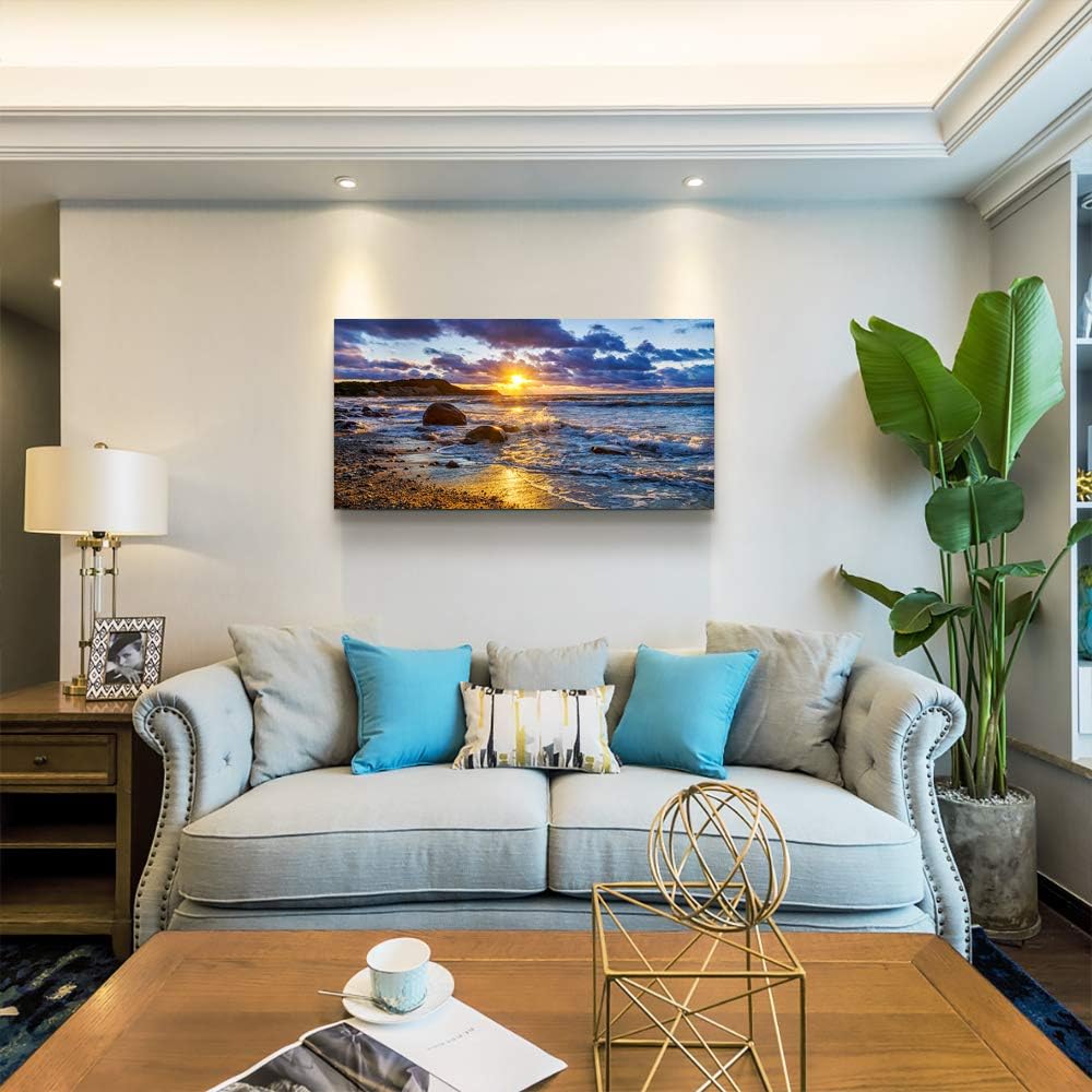 canvas wall art for living room bedroom Wall Decor blue ocean landscape painting Hang Home Decoration office bathroom kitchen sun beach sea golden Waves on the beach canvas art Prints pictures Works