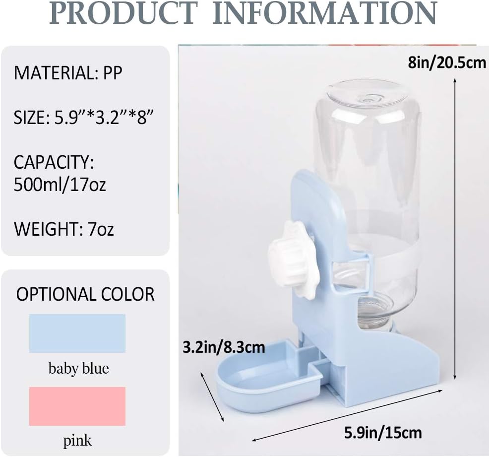 kathson Rabbit Water Bottle, 17oz Hanging Water Fountain Automatic Dispenser No Leak WaterFeeder for Bunny Chinchilla Guinea Pig Hedgehog Ferret, Blue