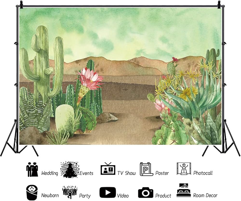 Renaiss 10x7ft Floral Cacti Backdrop Watercolor Aloes Cactus Flowers Desert Scenery Photography Background Botanical Mexican Fiesta Baby Shower Bridal Shower Birthday Party Decors Photo Studio Props
