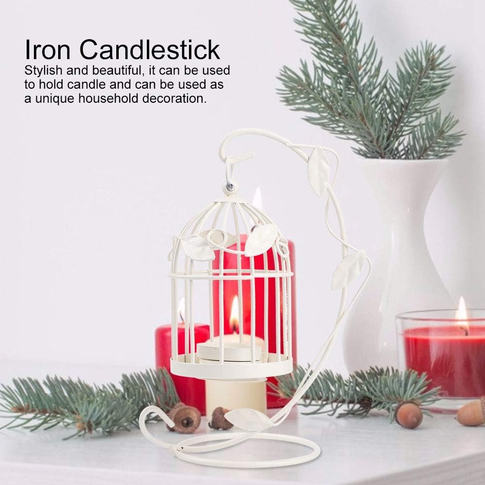 Birdcage Candle Holder, Hanging Candle Holder Decorative Bird Cages Bird Cage Decor Vintage Metal Candlestick for Wedding, Party(White)