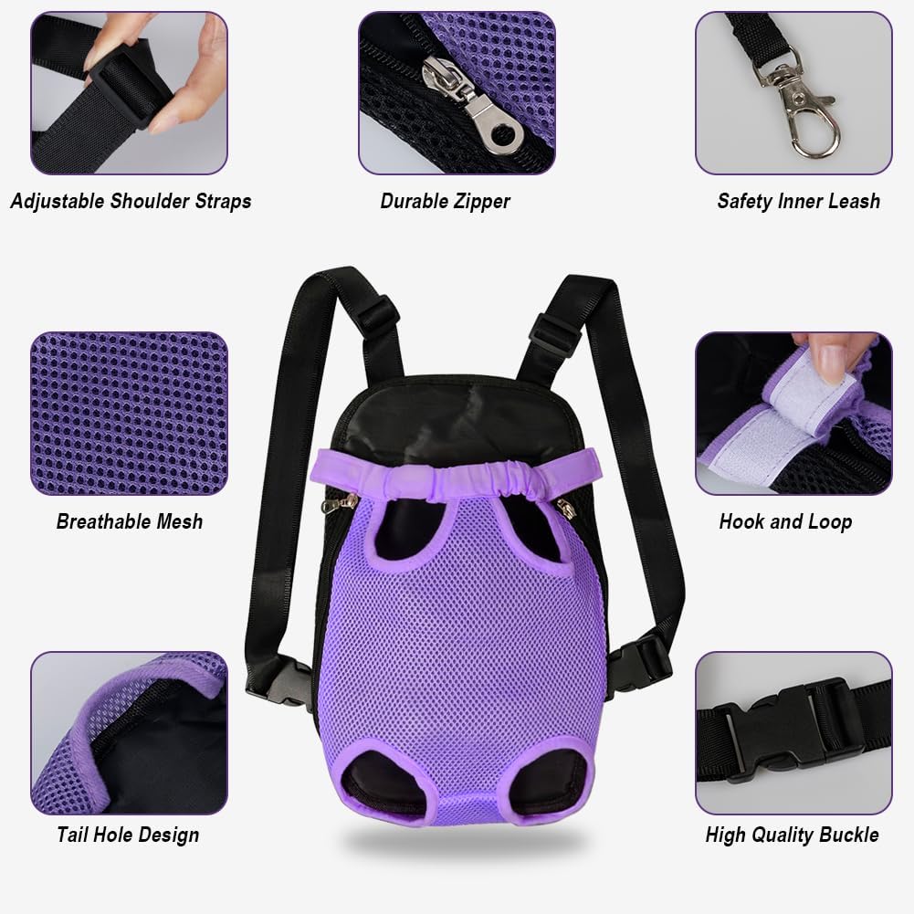 FEimaX Dog Carrier Backpack Pet Legs Out Front Cat Travel Bag, Adjustable Puppy Backpacks Carriers Hands-Free for Small Medium Dogs Cats Hiking Traveling Camping Daily Walking (Small, Purple)