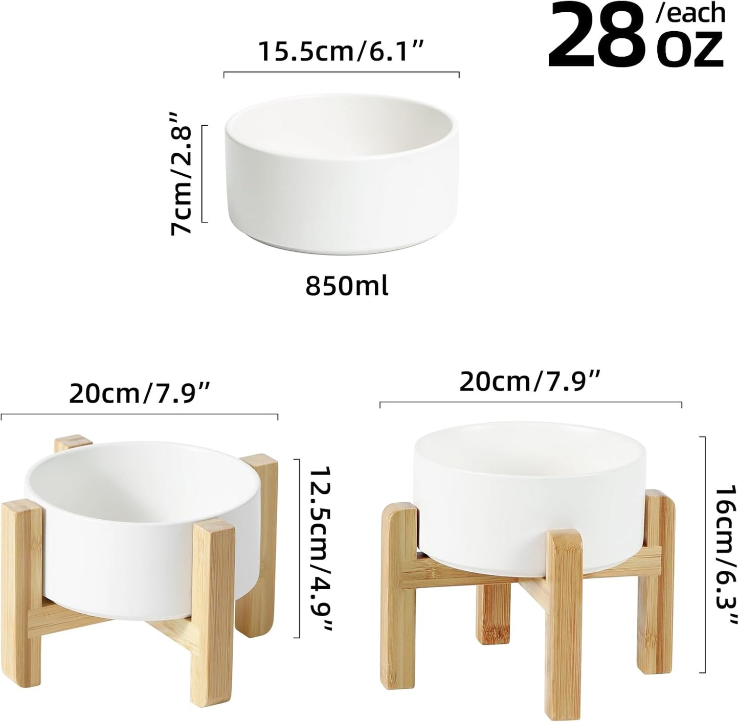 Ceramic Raised Dog and Cat Bowl Set, 2 Heights Elevated Stand, Food and Water Bowl for Small Breed Dogs, Weighted Dog Dishes, Pet Bowl(6.1'',28.7oz, White)