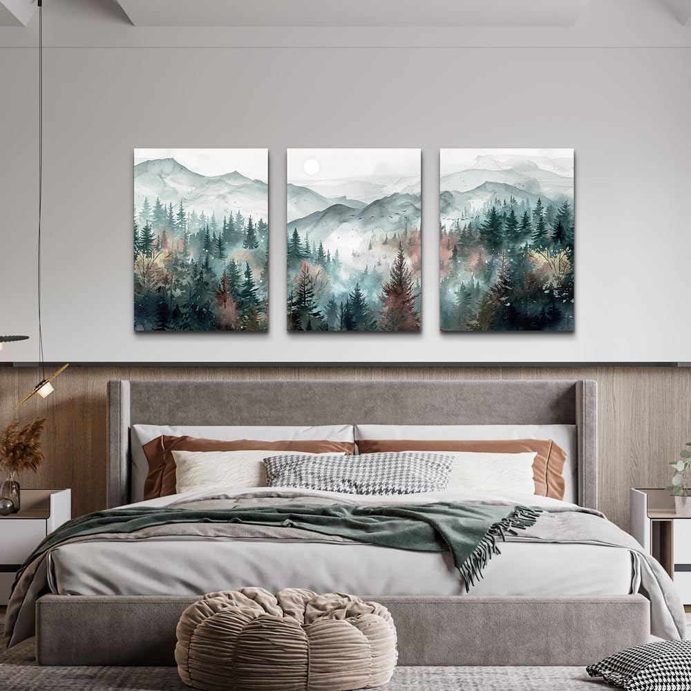 TTHYUEWS Farmhouse Wall Art For Living Room Canvas Wall Decor For Bedroom Wall Pictures for Office Fog Forest Mountain Landscape Watercolour Paintings Artwork Home Decorations Ready To Hang 3 Piece