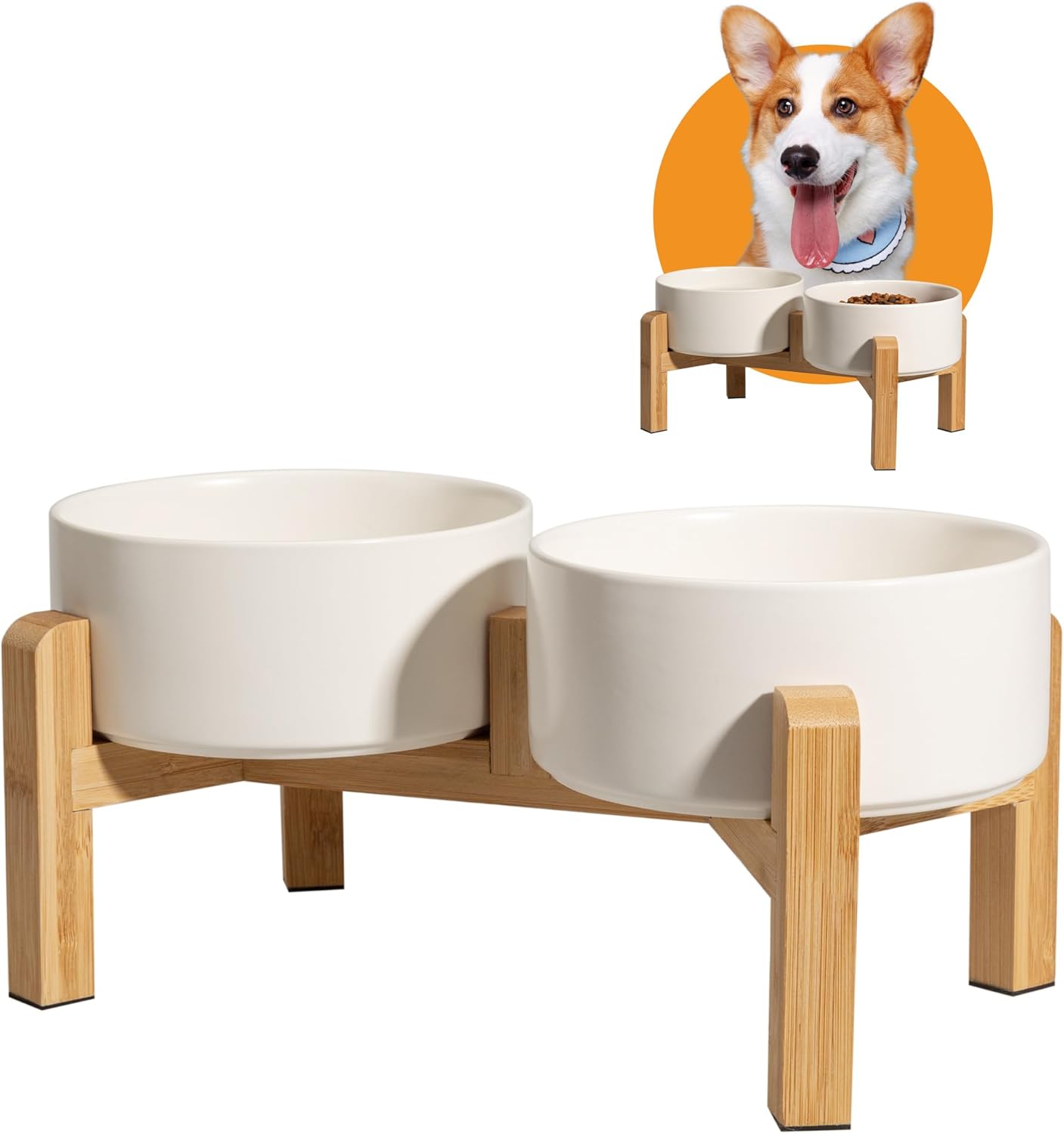 Elevated Ceramic Dog Bowl Set - Raised Dog Bowls with Non-Slip Bamboo Stand - Dog Food and Water Bowl Set - Double Dog Feeding Bowls - Suitable for Small and Medium Dogs - 28.74 OZ - 3.6 CUPS - 850 ML
